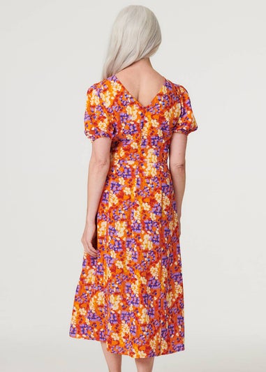 Izabel London Red Printed Puff Sleeve Midi Tea Dress