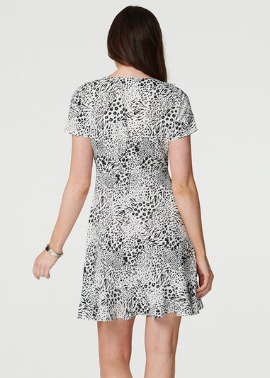 Izabel London Black And White Animal Print Frilled Short Dress