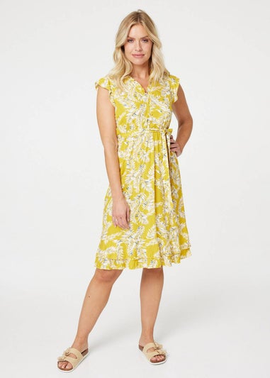 Izabel London Yellow Leaf Print Tie Waist Short Dress