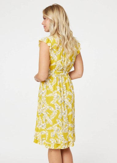 Izabel London Yellow Leaf Print Tie Waist Short Dress