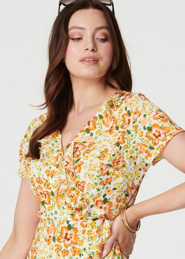 Izabel London Yellow Floral Print Ruffle Wrap Dress