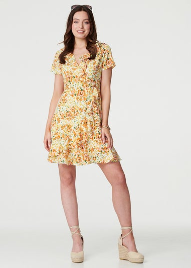 Izabel London Yellow Floral Print Ruffle Wrap Dress