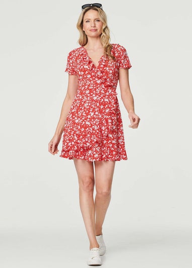 Izabel London Red Ditsy Floral Short Faux Wrap Dress