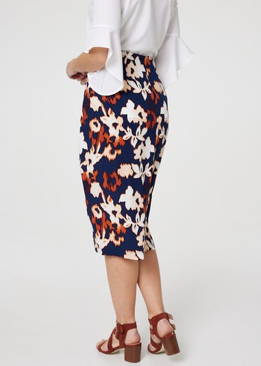 Izabel London Navy Floral Ruched High Waist Midi Skirt