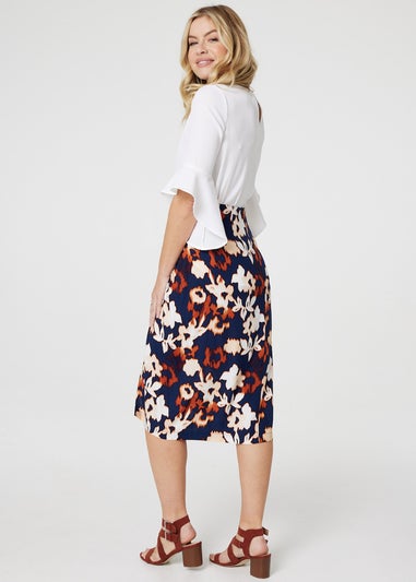 Izabel London Navy Floral Ruched High Waist Midi Skirt