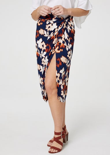 Izabel London Navy Floral Ruched High Waist Midi Skirt