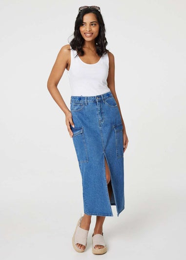 Izabel London Blue Denim High Waist Split Midi Skirt