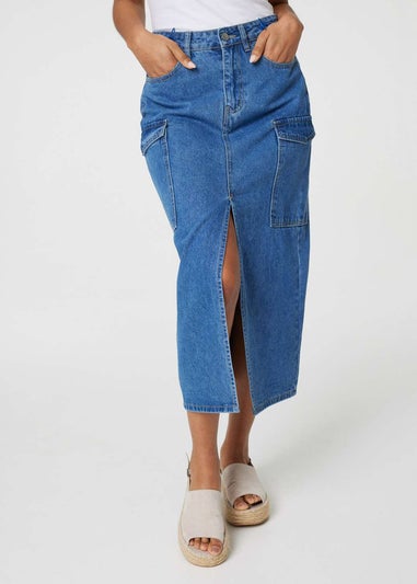 Izabel London Blue Denim High Waist Split Midi Skirt