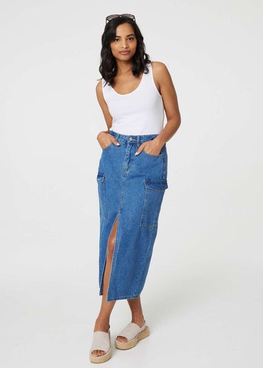 Izabel London Blue Denim High Waist Split Midi Skirt - Matalan