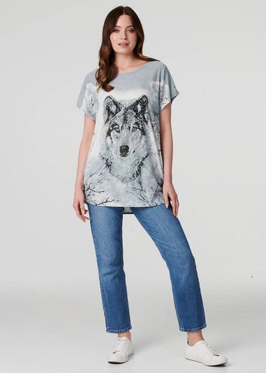 Izabel London Grey Embellished Wolf Print T-Shirt