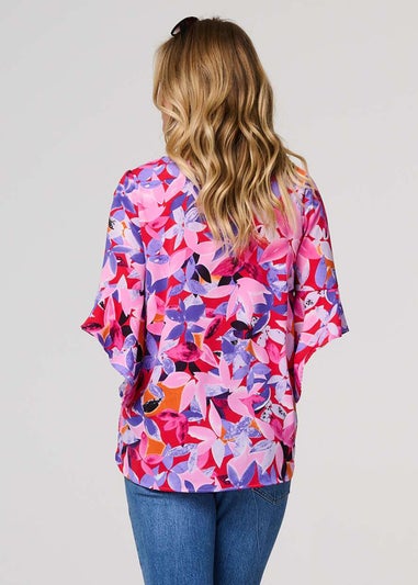 Izabel London Pink Floral Curve Hem 2/3 Sleeve Top