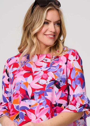 Izabel London Pink Floral Curve Hem 2/3 Sleeve Top