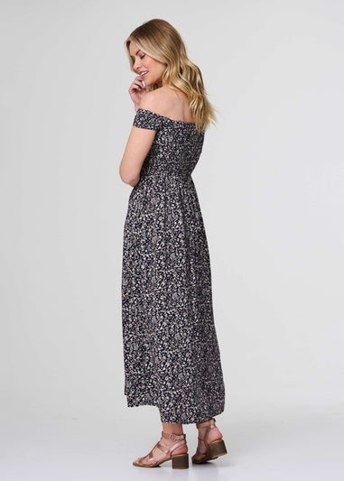 Izabel London Navy Ditsy Floral Bardot Smock Dress