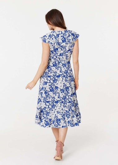 Izabel London Blue Printed Tie Waist Midi Wrap Dress