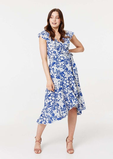 Izabel London Blue Printed Tie Waist Midi Wrap Dress