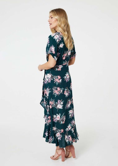 Izabel London Dark Green Floral Frill Hem Midi Wrap Dress