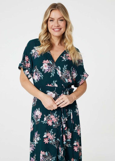 Izabel London Dark Green Floral Frill Hem Midi Wrap Dress