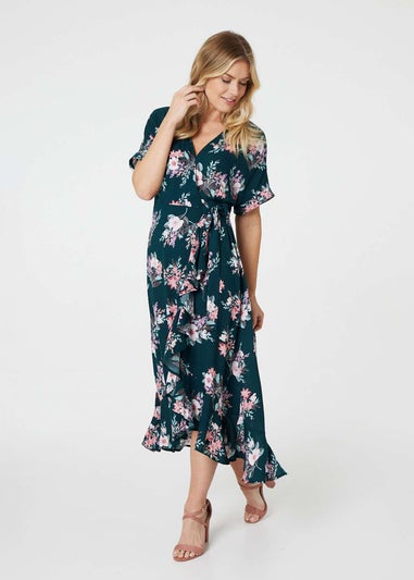 Izabel London Dark Green Floral Frill Hem Midi Wrap Dress