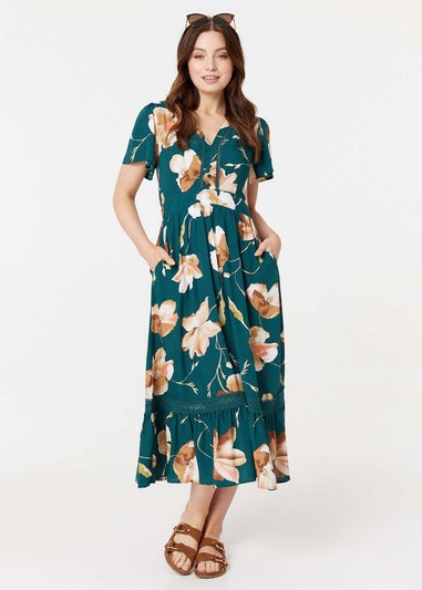 Izabel London Green Floral Lace Trim A-Line Maxi Dress