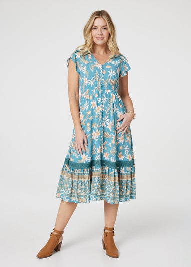 Izabel London Green Floral V-Neck Shirred Midi Dress