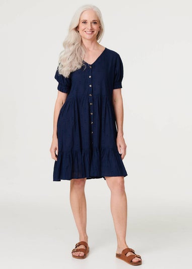 Izabel London Navy Embossed V-Neck Knee Length Dress