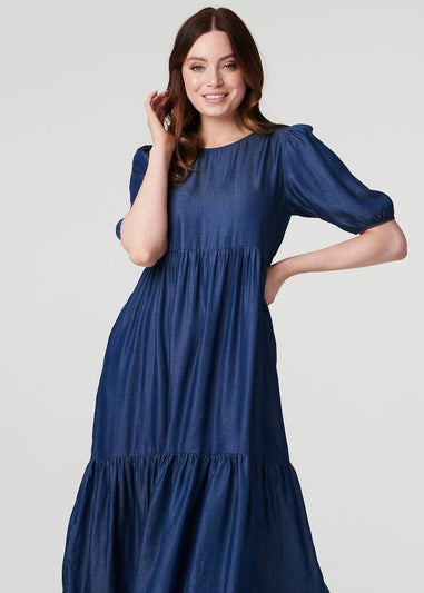 Izabel London Blue Tiered 1/2 Puff Sleeve Midi Dress