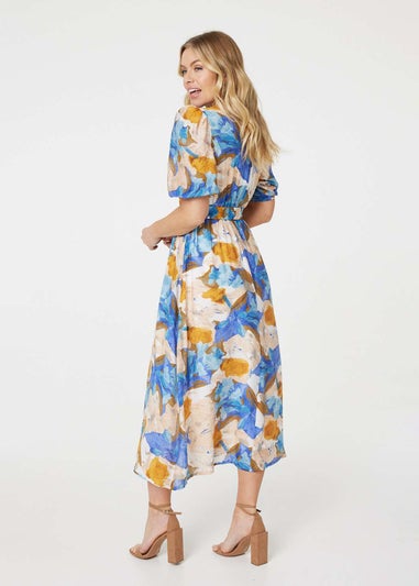 Izabel London Blue Printed 1/2 Sleeve Belted Midi Dress