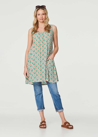 Izabel London Green Printed Sleeveless Sun Dress