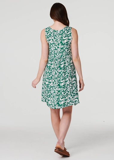 Izabel London Green Printed Sleeveless Swing Dress