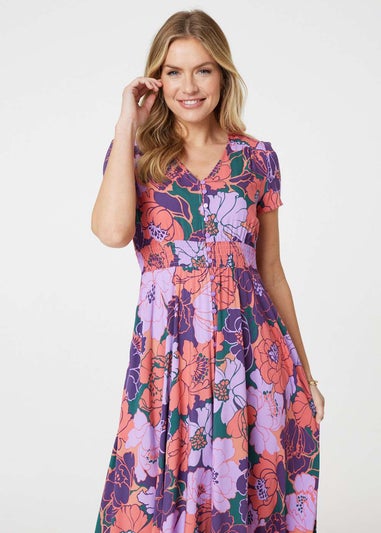 Izabel London Purple Floral Shirred V-Neck Maxi Dress