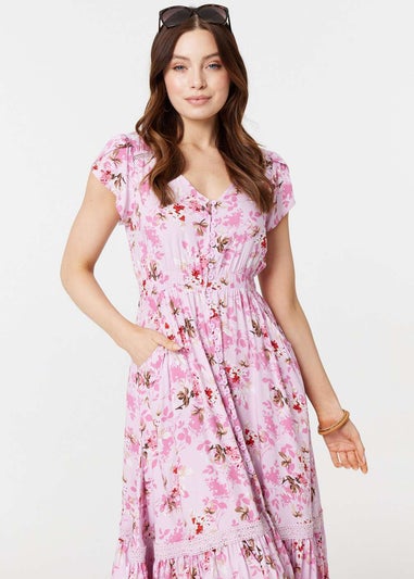 Izabel London Pink Floral Print Cap Sleeve Midi Dress