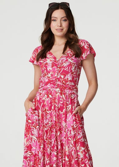 Izabel London Pink Floral Ruched V-Neck Maxi Dress