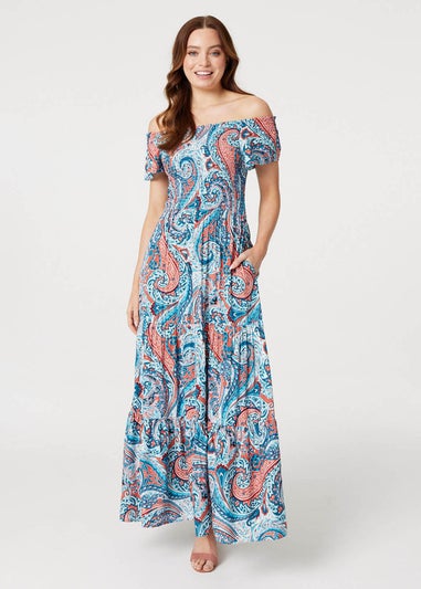 Izabel London Blue Paisley Square Neck Maxi Dress