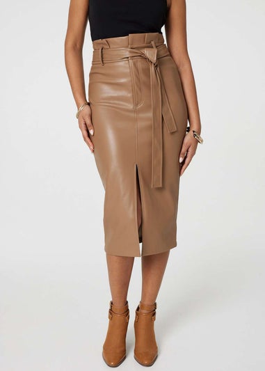 Izabel London Beige Faux Leather Tie Waist Pencil Skirt