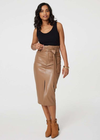 Izabel London Beige Faux Leather Tie Waist Pencil Skirt