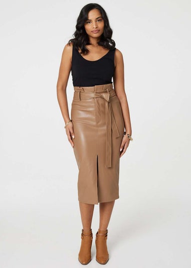 Izabel London Beige Faux Leather Tie Waist Pencil Skirt