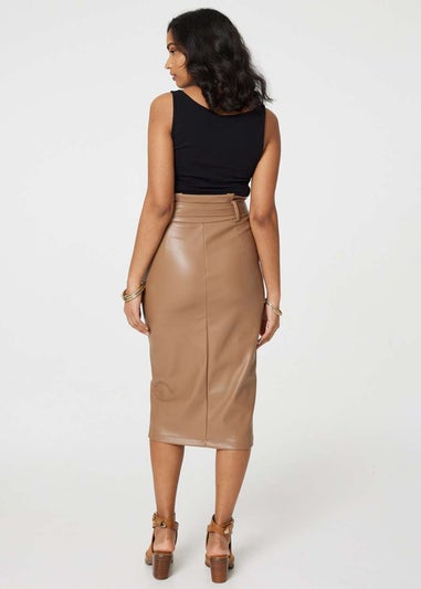 Izabel London Beige Faux Leather Tie Waist Pencil Skirt