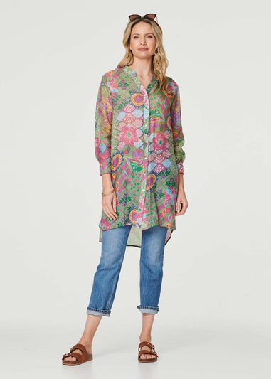 Izabel London Green Printed Semi Sheer Longline Blouse