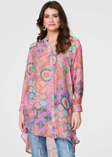 Izabel London Pink Printed Semi Sheer Longline Blouse