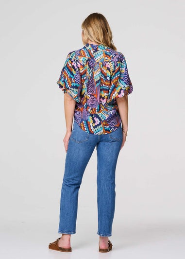 Izabel London Blue Abstract Puff 1/2 Sleeve Shirt