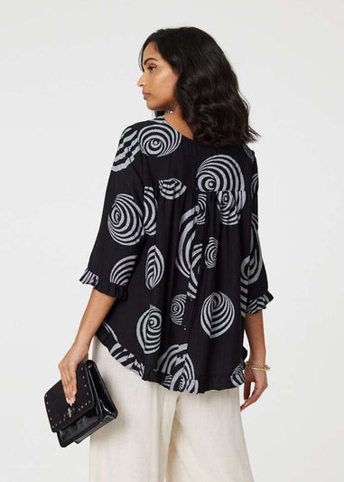 Izabel London Black Abstract Print Frill Hem Tunic Top