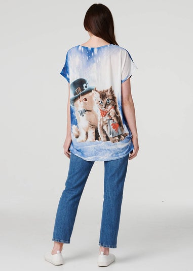 Izabel London Blue Embellished Kitten Print Top