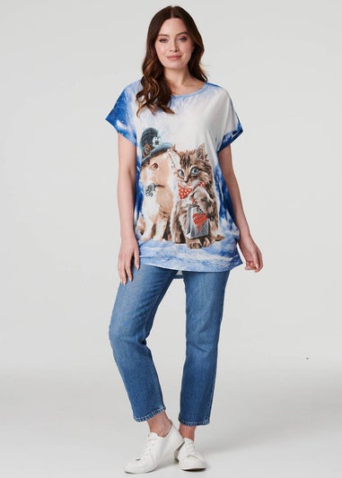 Izabel London Blue Embellished Kitten Print Top