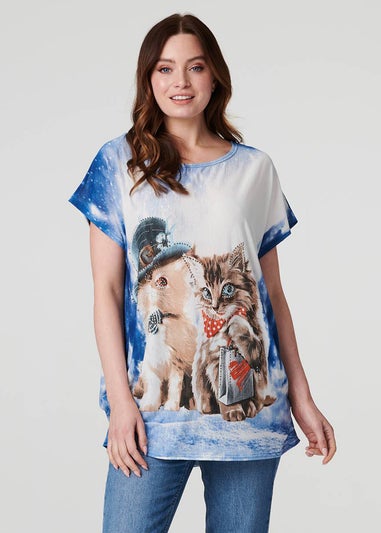 Izabel London Blue Embellished Kitten Print Top