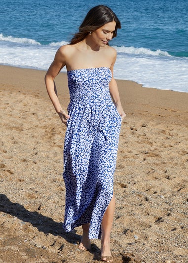 Threadbare Blue Cotton Jersey Hill Bandeau Maxi Dress with Pockets