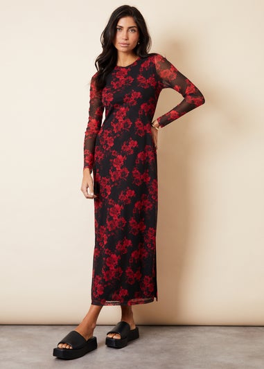 Threadbare Black Blooming Printed Long Sleeve Mesh Midi Dress