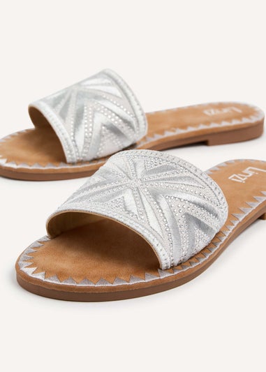 Linzi Cabana Silver Aztec Design Flat Sandal