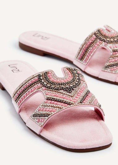 Linzi Indira Baby Pink Suede Aztec Design Embellished Slider Sandal
