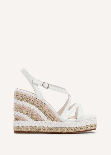 Linzi Marbella White Faux Leather Crossover Metallic Rope Wedge