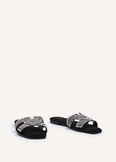 Linzi Indira Black Suede Aztec Design Embellished Slider Sandal